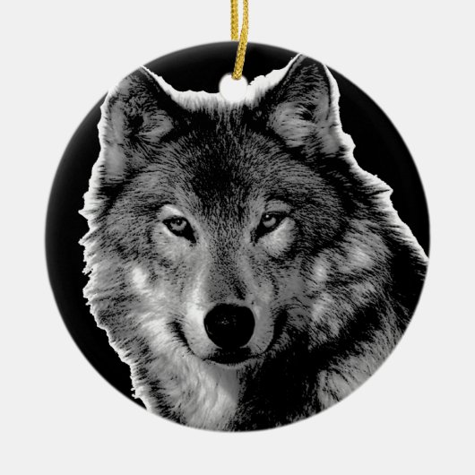 Schwarz-Weiß-Wolf Keramik Ornament (Vorne)