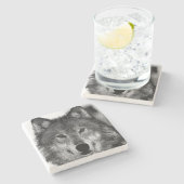 Schwarz-Weiß-Wolf-Kunstwerk Steinuntersetzer (Seitenansicht)