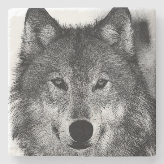 Schwarz-Weiß-Wolf-Kunstwerk Steinuntersetzer (Vorderseite)