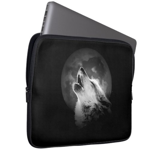 Schwarz & Weiß Wolf & Mond Laptopschutzhülle (Vorne Rechts)