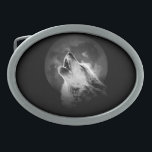 Schwarz & Weiß Wolf & Mond Ovale Gürtelschnalle<br><div class="desc">Ein Wolf ist noch immer ein Wolf,  selbst wenn er allein ist. Vielleicht ist ein Wolf noch mehr ein Wolf,  wenn er allein ist.</div>