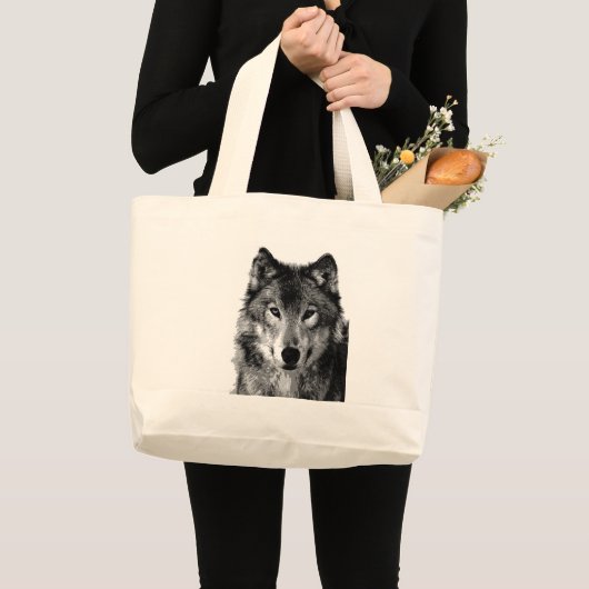 Schwarz-Weiß-Wolf-Portrait Jumbo Stoffbeutel (Vorderseite (Produkt))