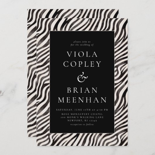 Schwarz-weiß Zebra Animal Print Glam Wedding Einladung (Vorne/Hinten)