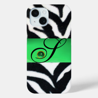SCHWARZ-WEISS ZEBRA FUR EMERALD GREEN GEM MONOGRAM iPhone 15 HÜLLE
