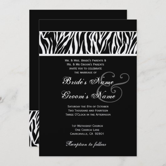 Schwarz-Weiß-Zebra-Hochzeitsmetall Einladung (Vorne/Hinten)