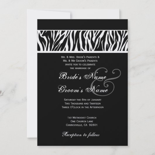 Schwarz-Weiß-Zebra-Hochzeitsmetallic Einladung (Vorderseite)