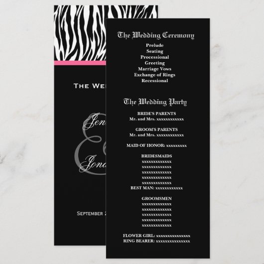 Schwarz-Weiß-Zebra-Hochzeitsprogramm Programm (Vorne/Hinten)