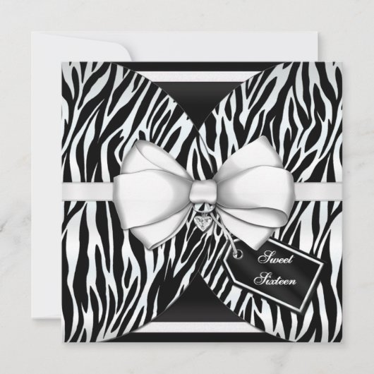 Schwarz-weiß Zebra Invite Ribbon & Jewelen Bow Einladung (Vorderseite)