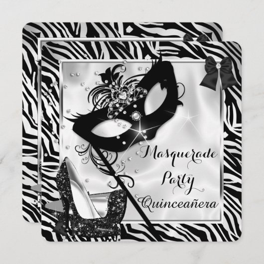 Schwarz-weiß Zebra Masquerade Quinceanera High Hee Einladung (Vorne/Hinten)