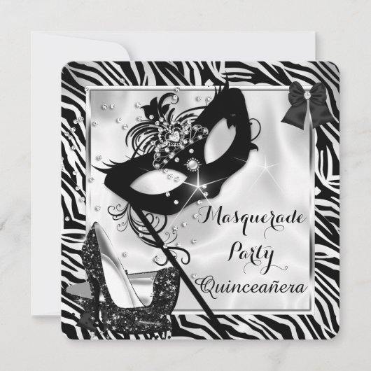 Schwarz-weiß Zebra Masquerade Quinceanera High Hee Einladung (Vorderseite)