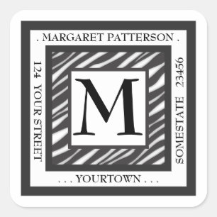 Schwarz-Weiß-Zebra-Monogram-Quadrat-Adressenbezeic Quadratischer Aufkleber