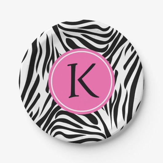 Schwarz-Weiß-Zebra-Monogramm-Druck mit Hot-Rosa Pappteller (Vorderseite)
