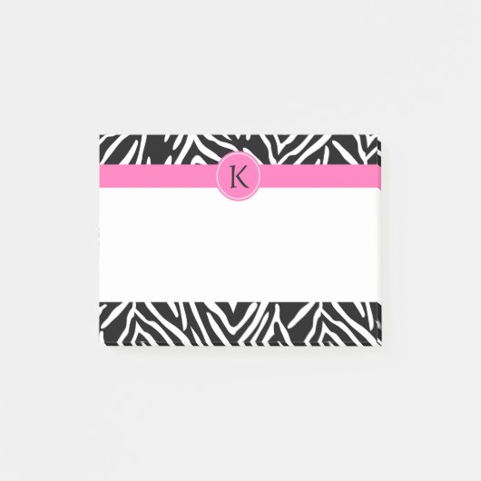 Schwarz-Weiß-Zebra-Monogramm-Druck mit Hot-Rosa Post-it Klebezettel (Vorderseite)