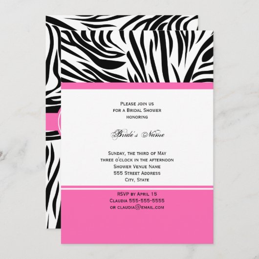 Schwarz-Weiß-Zebra-Monogramm-Druck und Hot-Pink Einladung (Vorne/Hinten)