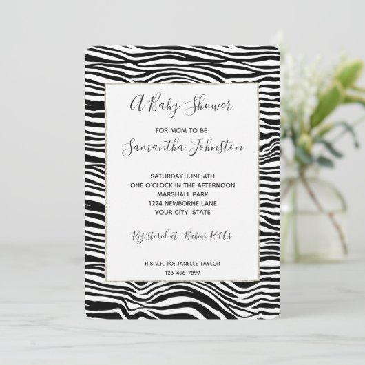 Schwarz-Weiß Zebra Print Baby Dusche Einladung (Stehend Vorderseite)