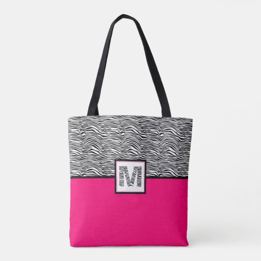Schwarz-Weiß-Zebra-Print-Monogramm | Heiß rosa Tasche (Rückseite)