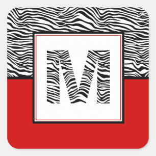 Schwarz-Weiß-Zebra-Print-Monogramm   Rot Quadratischer Aufkleber