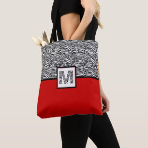 Schwarz-Weiß-Zebra-Print-Monogramm   Rot Tasche
