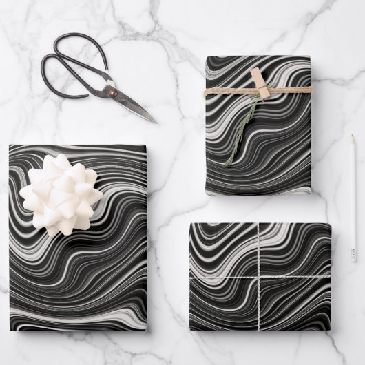 Schwarz-Weiß-Zebra-Wavy-Abstraktion Geschenkpapier Set (Vorderseite)