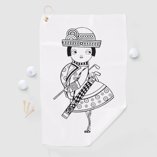 Schwarz-Weiß-zeichn einer in einem Haltegurt gehal Golfhandtuch (Insitu)