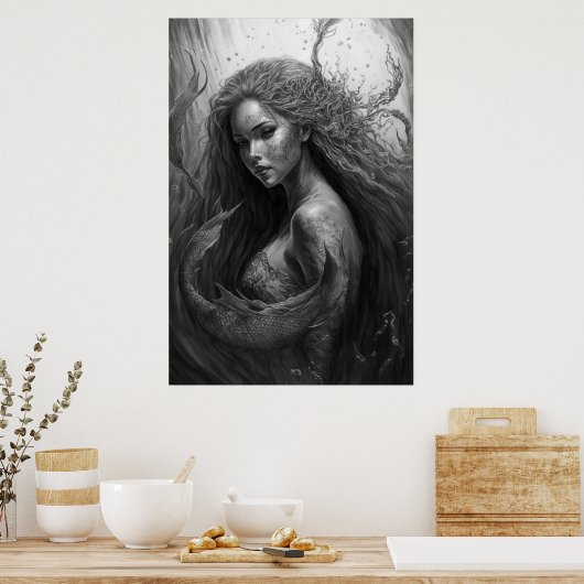 Schwarz-Weiß-Zeichn - Meerjungfrau Poster (Küche)