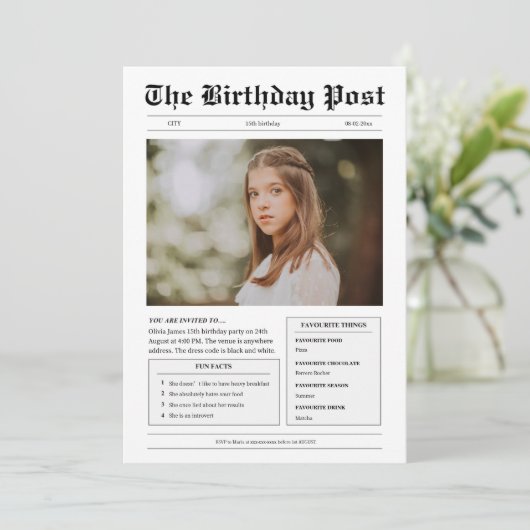 Schwarz-Weiß-Zeitung zum Geburtstag Einladung (Stehend Vorderseite)