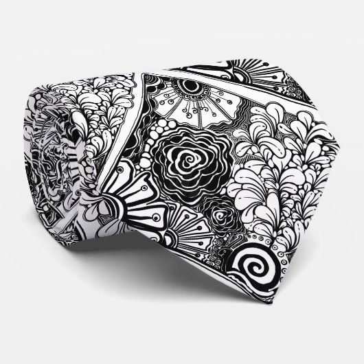 Schwarz-Weiß-Zen-Blumen Gemustert Zeichnend Krawatte (Gerollt)