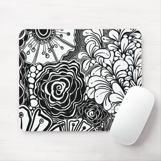 Schwarz-Weiß-Zen-Blumen Gemustert Zeichnend Mousepad (Mit Mouse)