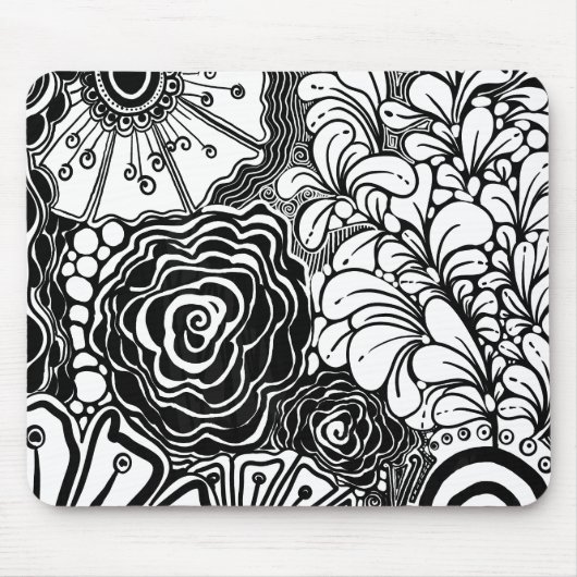 Schwarz-Weiß-Zen-Blumen Gemustert Zeichnend Mousepad (Vorne)