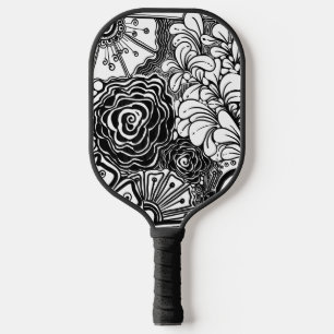 Schwarz-Weiß-Zen-Blumen Gemustert Zeichnend Pickleball Schläger