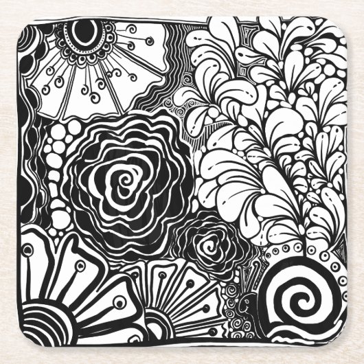 Schwarz-Weiß-Zen-Blumen Gemustert Zeichnend Rechteckiger Pappuntersetzer (Vorderseite)