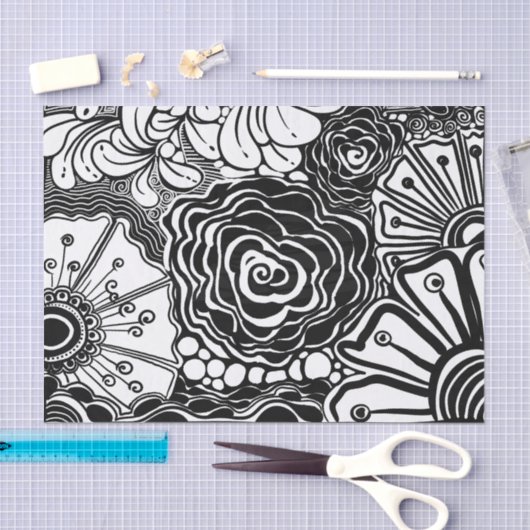 Schwarz-Weiß-Zen-Blumen Gemustert Zeichnend Seidenpapier (Handwerk)