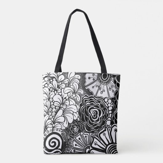 Schwarz-Weiß-Zen-Blumen Gemustert Zeichnend Tasche (Rückseite)