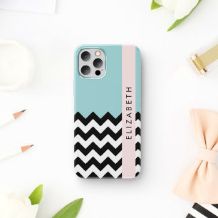 Schwarz-Weiß-Zickzack, Chevron, Blau, Ihr Name iPhone 16 Hülle