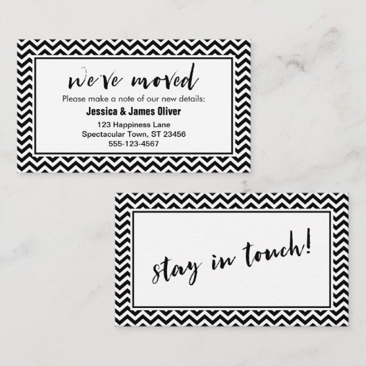 Schwarz-Weiß-Zickzack Einsteckkarte "We ve Moved" Begleitkarte (Vorne/Hinten)
