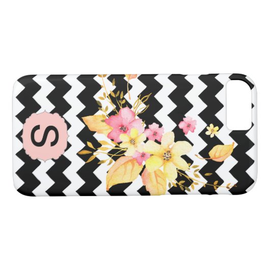 Schwarz-Weiß-Zickzack-Floral-Monogramm Case-Mate iPhone Hülle (Rückseite (Horizontal))