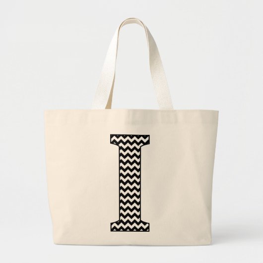Schwarz-Weiß Zickzack "I" Monogramm Tote Tasche. Jumbo Stoffbeutel (Vorne)