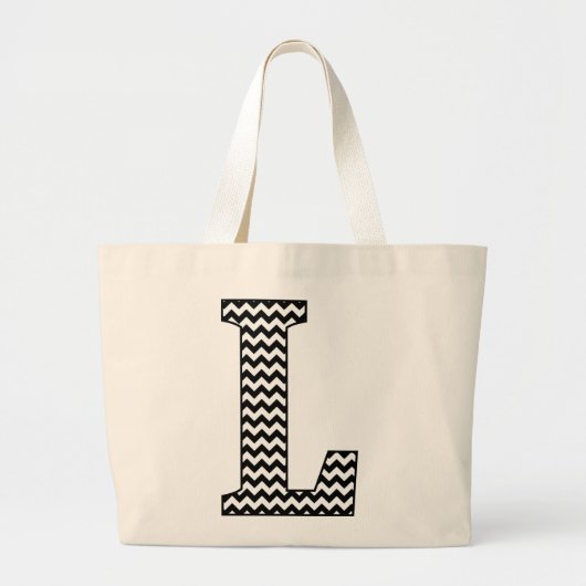 Schwarz-Weiß-Zickzack "L" Monogramm Tote Beutel. Jumbo Stoffbeutel (Vorne)