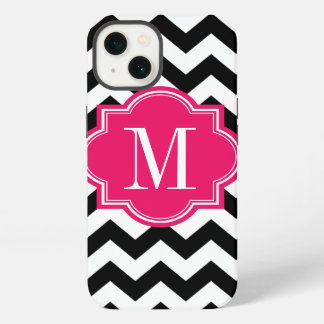 Schwarz-Weiß-Zickzack mit Hot-Pink-Monogramm iPhone Hülle