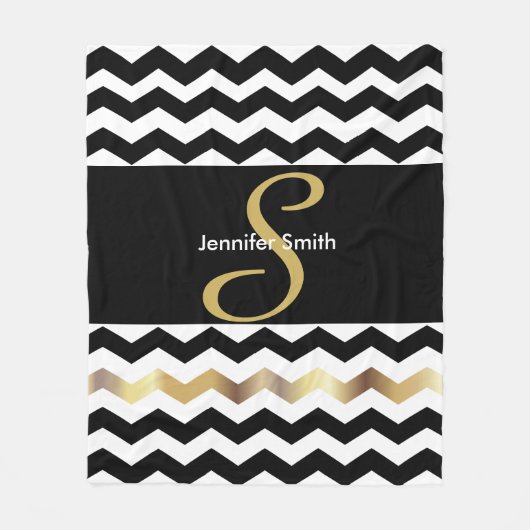 Schwarz-Weiß-Zickzack Monogramm-Design Fleecedecke (Vorderseite)