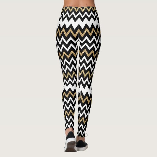 Schwarz-Weiß-Zickzack Muster Gold-Akzent Leggings (Rückseite)