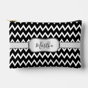 Schwarz-Weiß Zickzack Muster Mit Monogramm klein Zubehörtasche