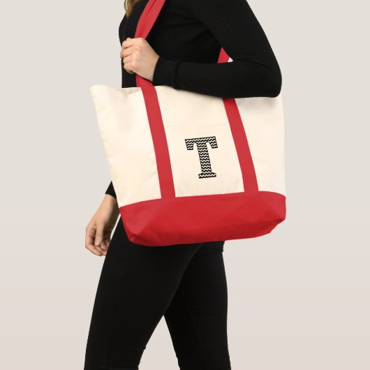 Schwarz-Weiß-Zickzack "T"-Tote-Tasche Tragetasche (Vorderseite (Produkt))