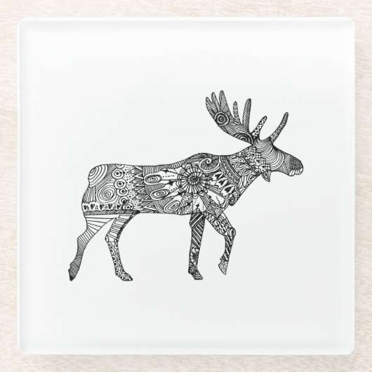 Schwarz-Weiß-Zierwandern Elche Silhouette Glasuntersetzer (Vorderseite)