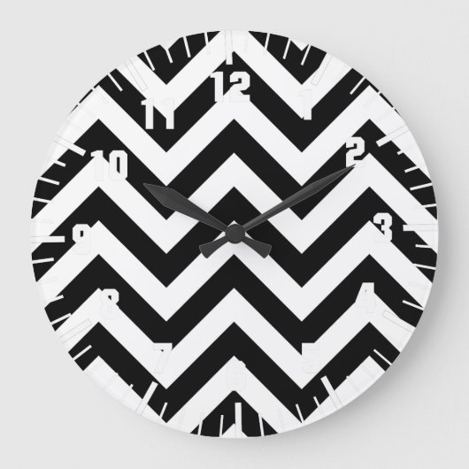 Schwarz-weiß Zigzag Chevrons Muster Große Wanduhr (Vorderseite)