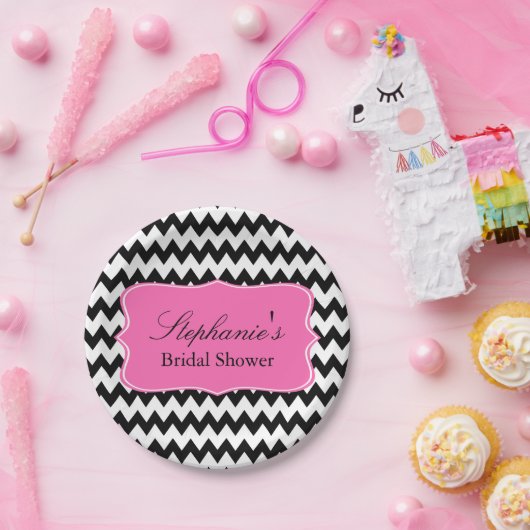 Schwarz-Weiß-Zigzag mit Hot-Pink-Brautparty Pappteller (Party)