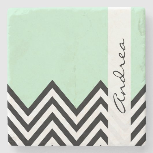 Schwarz-Weiß-Zigzag-Muster, Grün, Ihr Name Steinuntersetzer (Vorderseite)