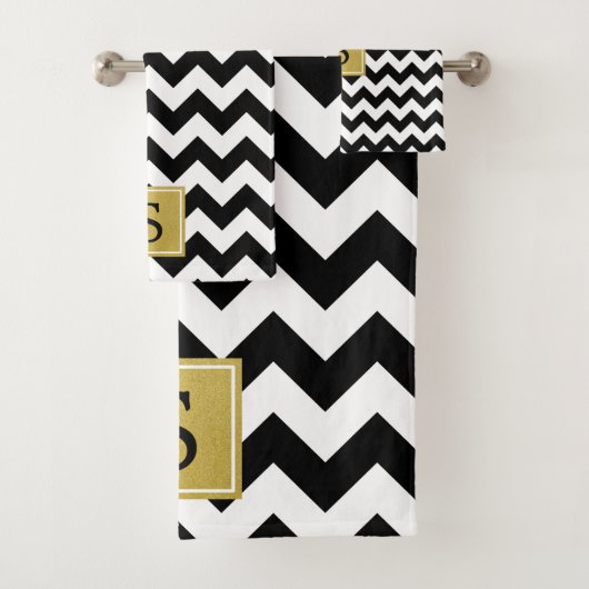 Schwarz-Weiß-Zigzag-Muster, Monogramm Badhandtuch Set (Insitu)