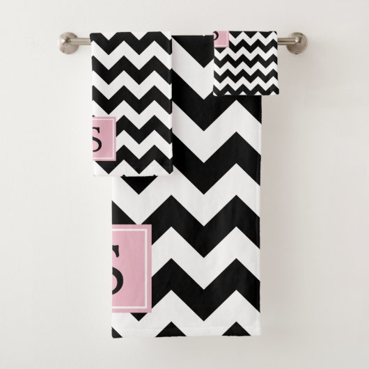 Schwarz-Weiß-Zigzag-Muster, Monogramm Badhandtuch Set (Insitu)