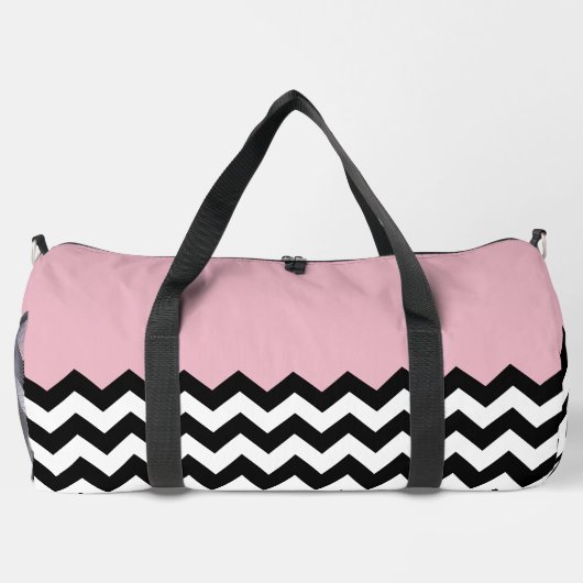 Schwarz-Weiß-Zigzag-Muster, Zickzack, rosa Duffle Bag (Rückseite)